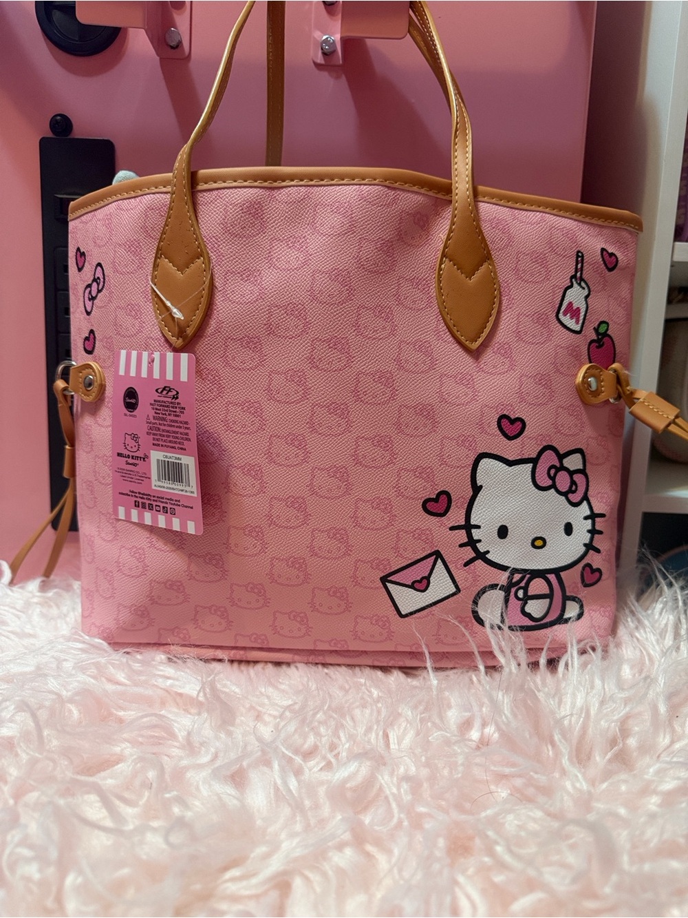 Hello Kitty Pink Tote with Tan Trim and Cute Graphics